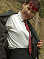 Schoolgirl Cleo with red coloured hair shows her nice and tiny tits outdoors in the wood - 2