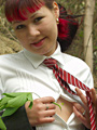 Schoolgirl Cleo with red coloured hair shows her nice and tiny tits outdoors in the wood - 3